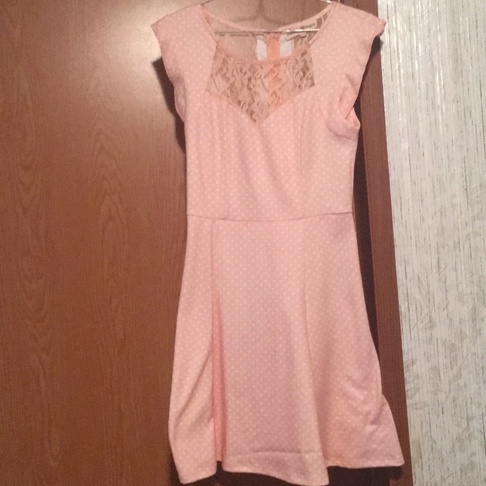 Light pink dress with lace and white poka dots